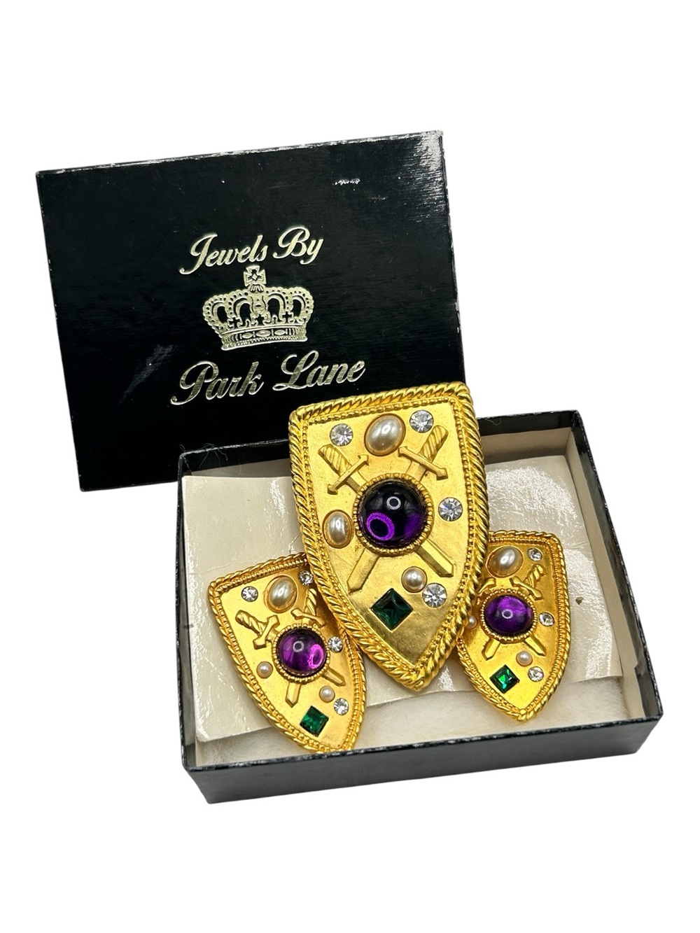 Vintage Park Lane Huge Heraldic Jeweled Brooch Earrings Set Original Box